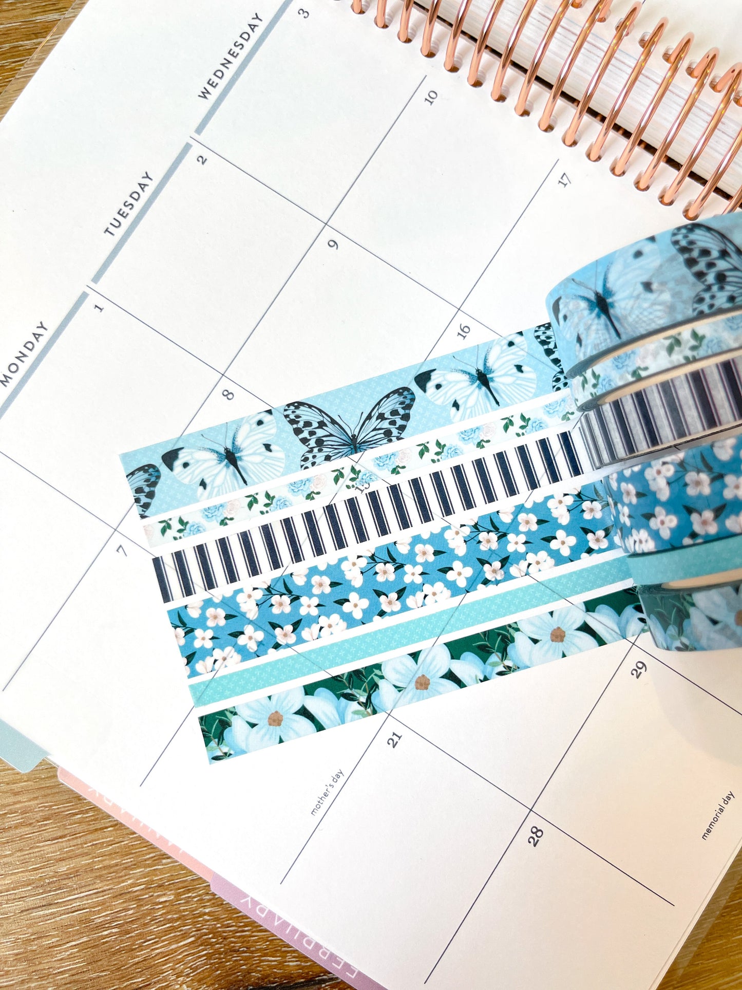 Light Blue Butterflies Navy Stripes Flowers Spring Washi Tape Set (#W082)
