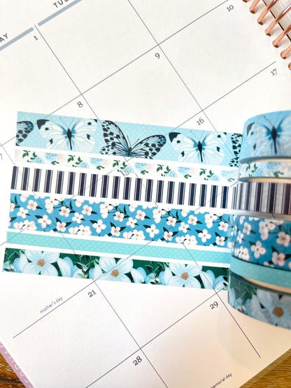 Light Blue Butterflies Navy Stripes Flowers Spring Washi Tape Set (#W082)