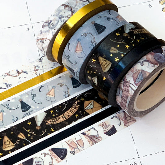 FOILED New Years Eve NYE Black & Gold Anniversary Washi Tape Set (#W004)