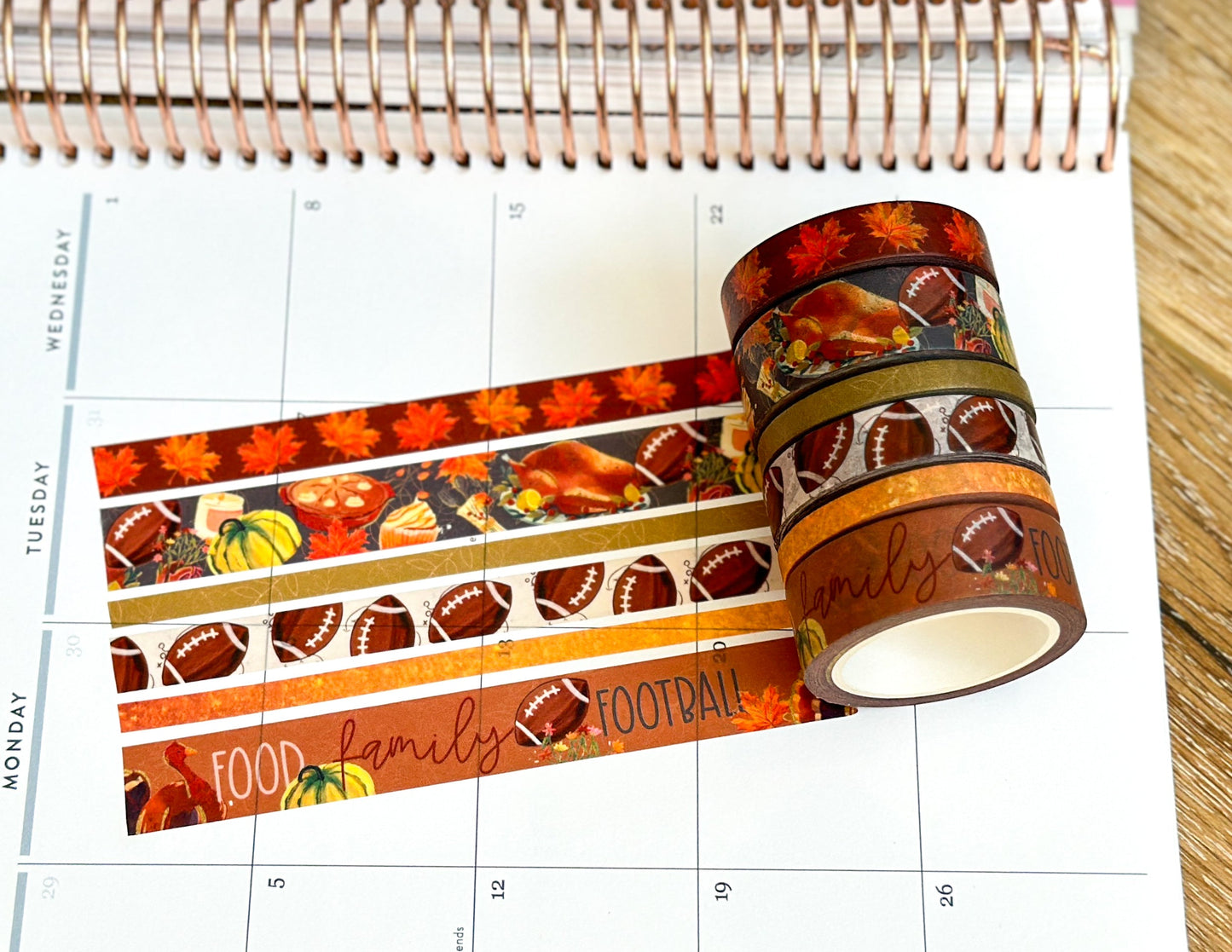 Football Fall Turkeys Thanksgiving Dinner Leaves Autumn Washi Tape Set November 2023 - W096