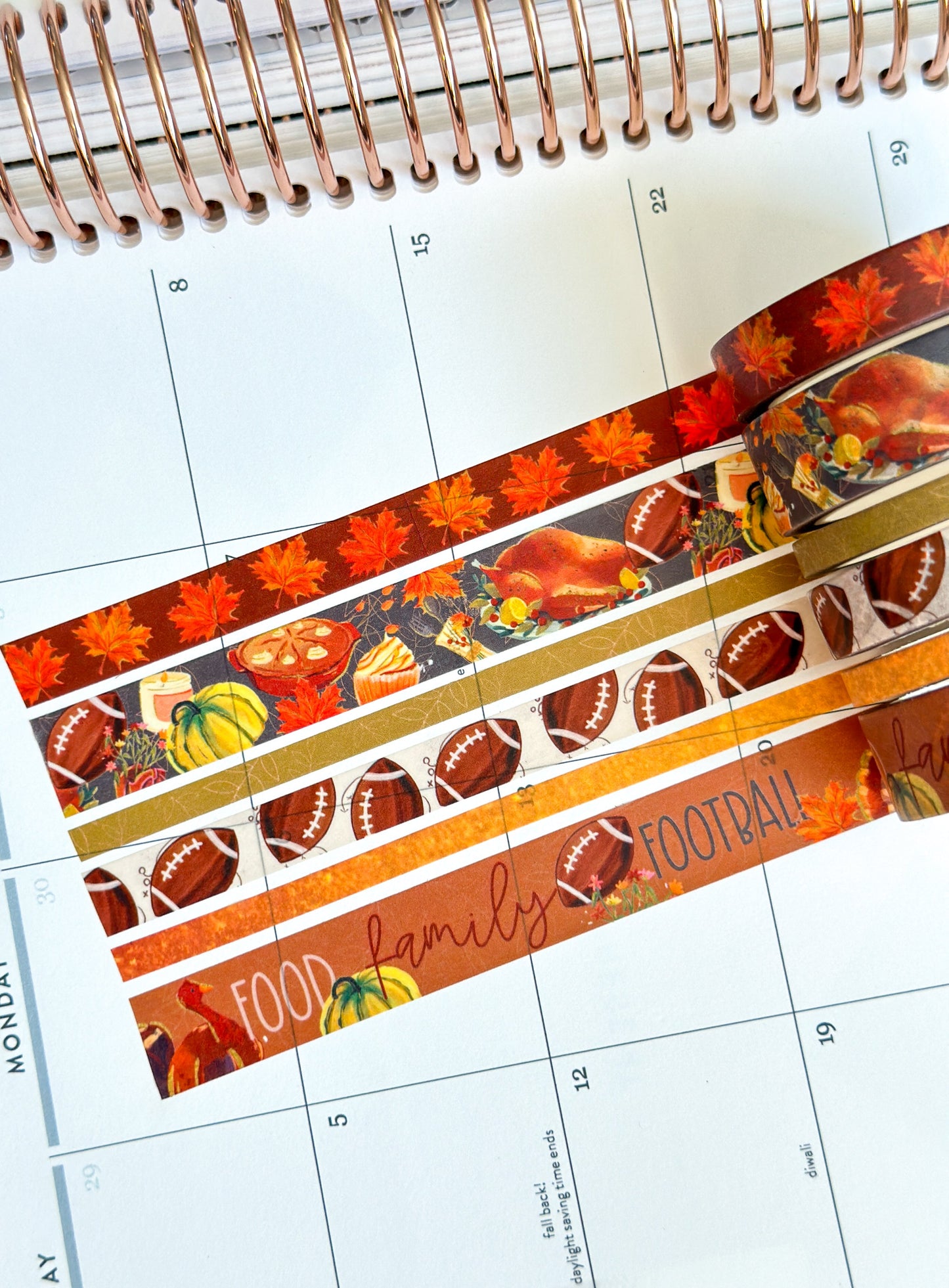 Football Fall Turkeys Thanksgiving Dinner Leaves Autumn Washi Tape Set November 2023 - W096