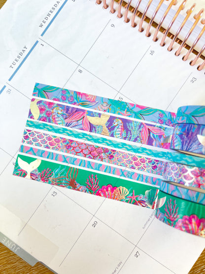 Mermaid FOILED Silver Beach Scales Seashells Ocean Animals Summer Washi Tape Set (#W085)