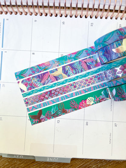 Mermaid FOILED Silver Beach Scales Seashells Ocean Animals Summer Washi Tape Set (#W085)