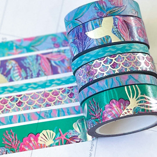 Mermaid FOILED Silver Beach Scales Seashells Ocean Animals Summer Washi Tape Set (#W085)