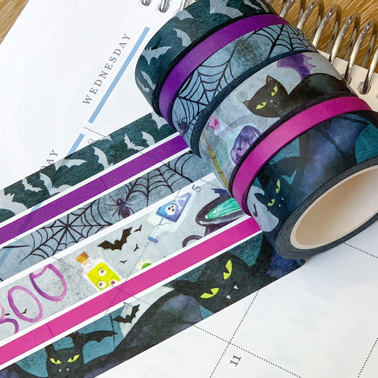 Halloween Spooky Witches Cats & Bats Scary Black & Purple Washi Tape Set (#W019)