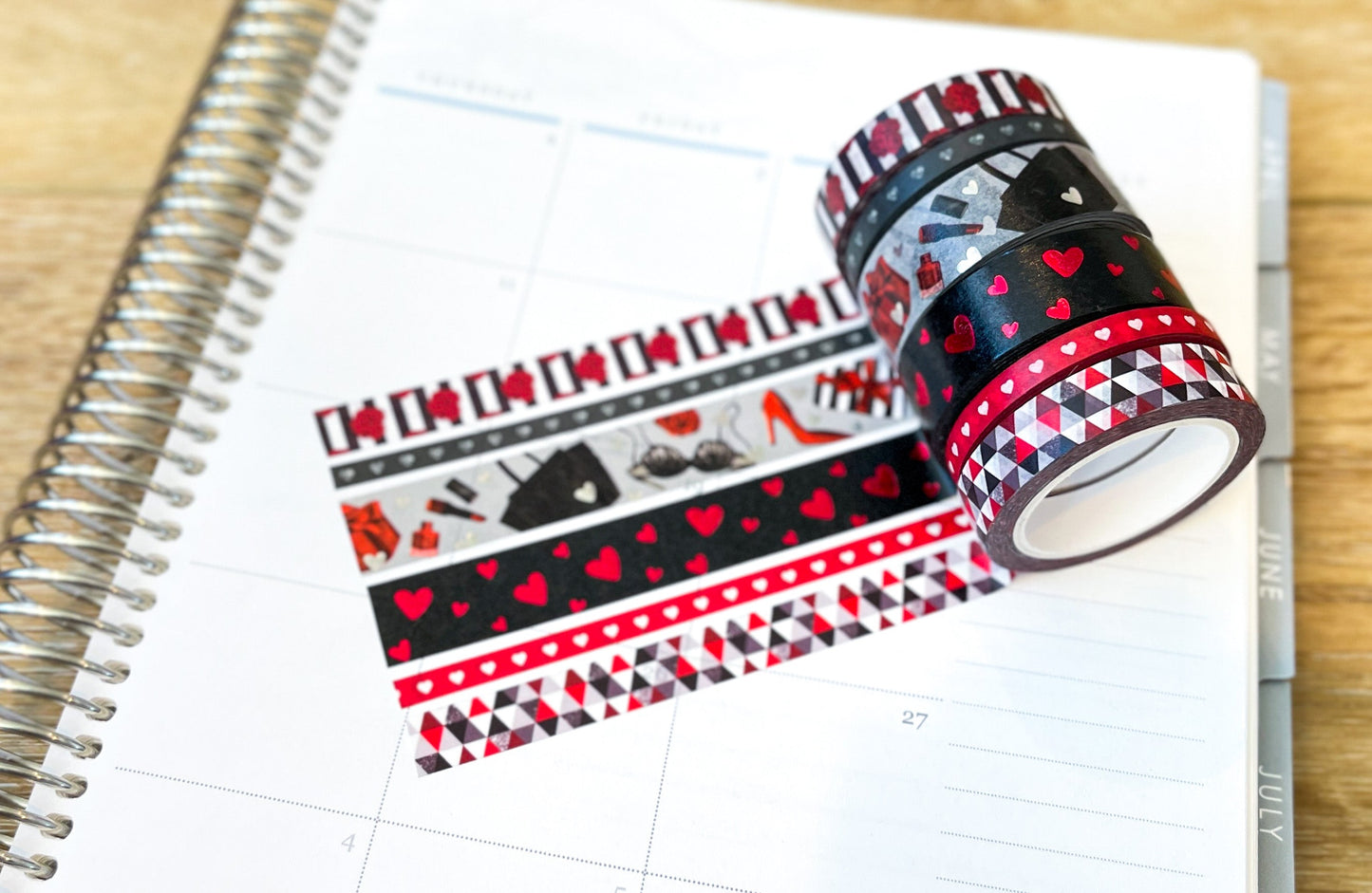 FOILED Valentine's Romantic Red & Black Hearts Bachelorette Washi Tape Set (#W050)