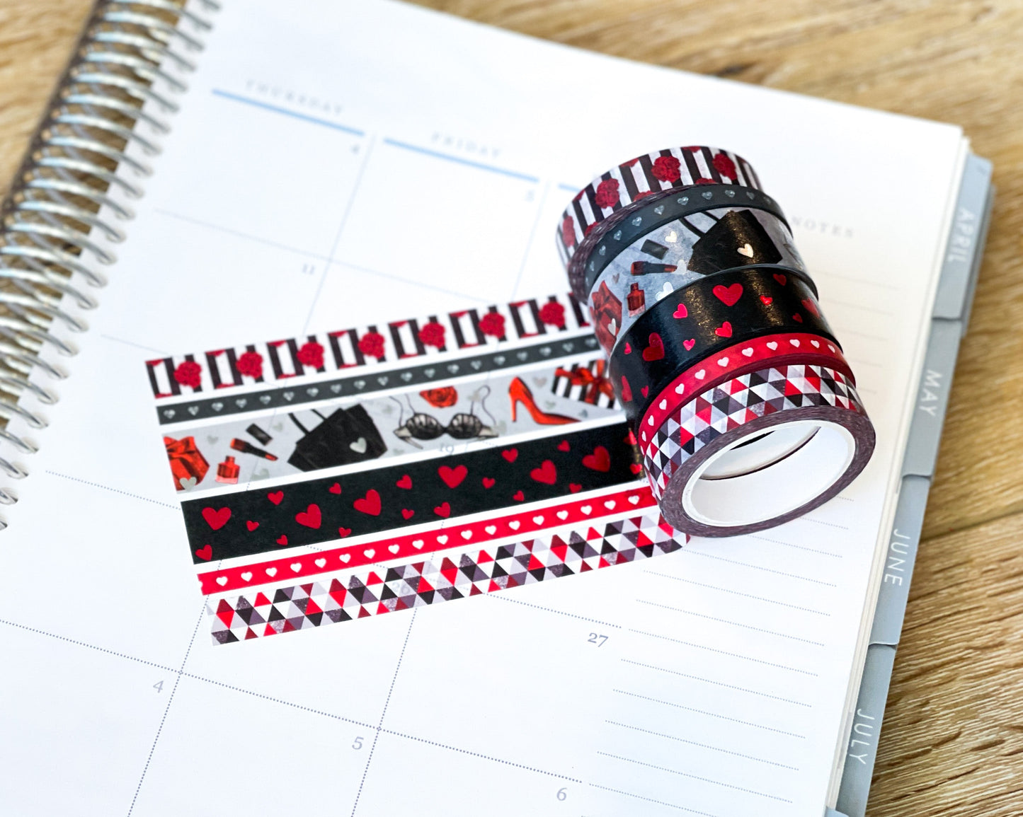 FOILED Valentine's Romantic Red & Black Hearts Bachelorette Washi Tape Set (#W050)