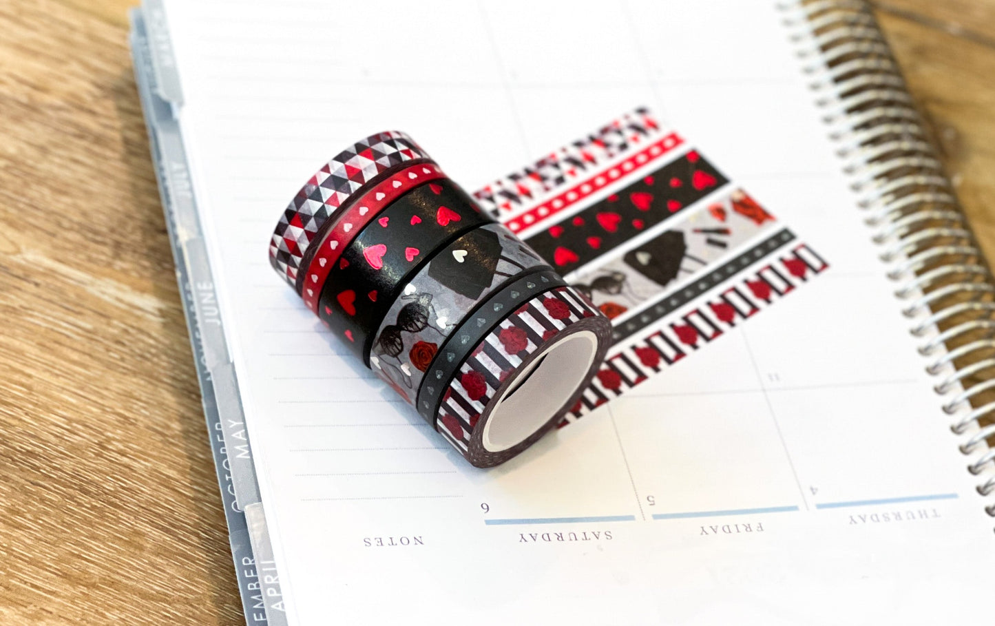 FOILED Valentine's Romantic Red & Black Hearts Bachelorette Washi Tape Set (#W050)