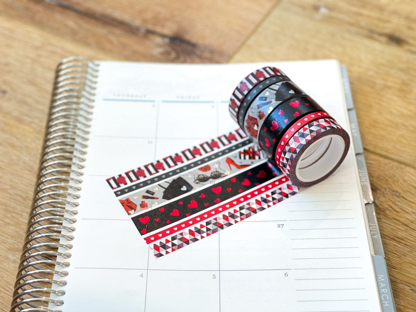 FOILED Valentine's Romantic Red & Black Hearts Bachelorette Washi Tape Set (#W050)