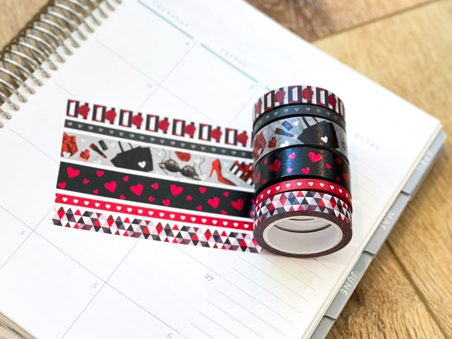 FOILED Valentine's Romantic Red & Black Hearts Bachelorette Washi Tape Set (#W050)