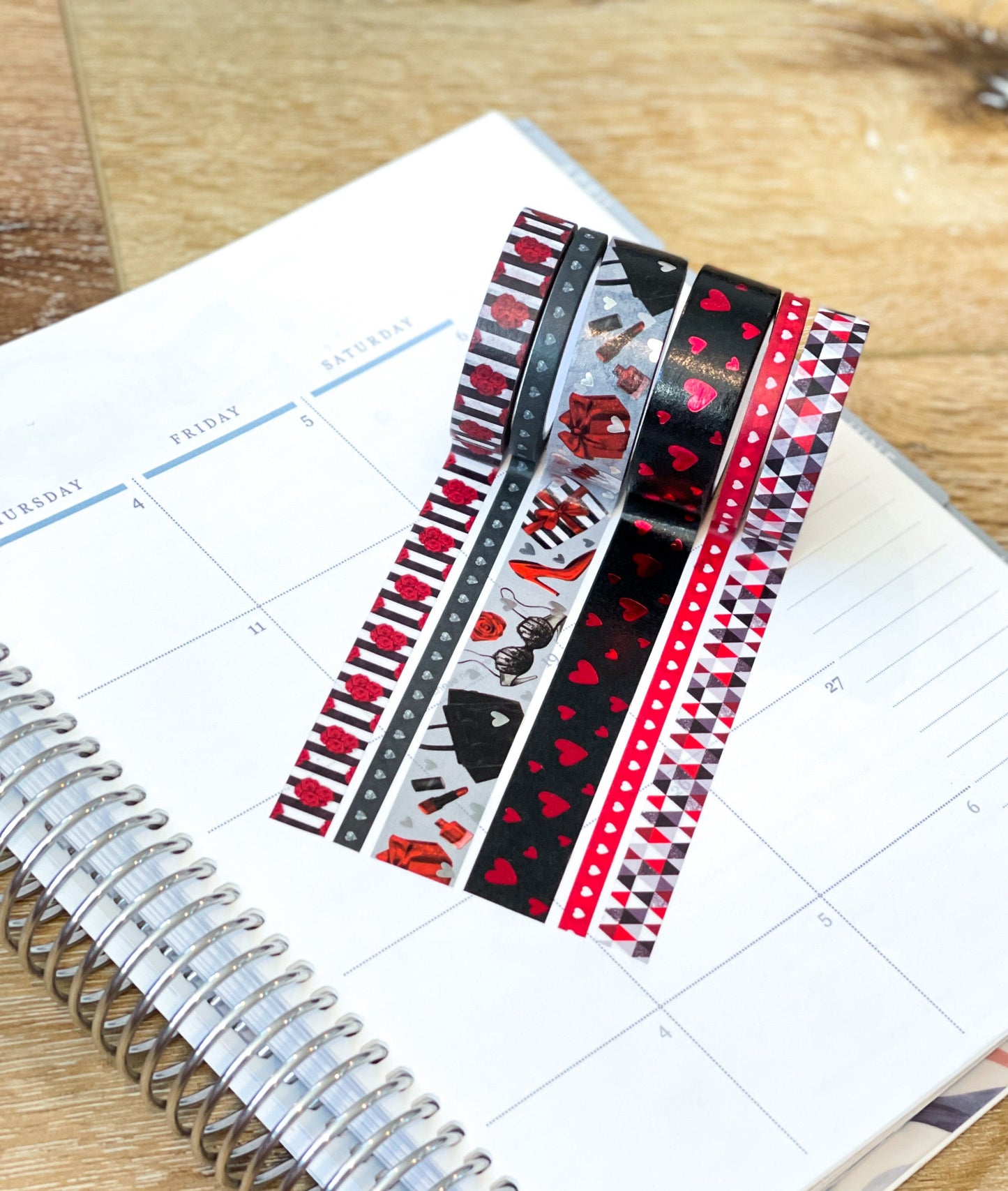 FOILED Valentine's Romantic Red & Black Hearts Bachelorette Washi Tape Set (#W050)