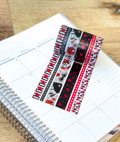 FOILED Valentine's Romantic Red & Black Hearts Bachelorette Washi Tape Set (#W050)