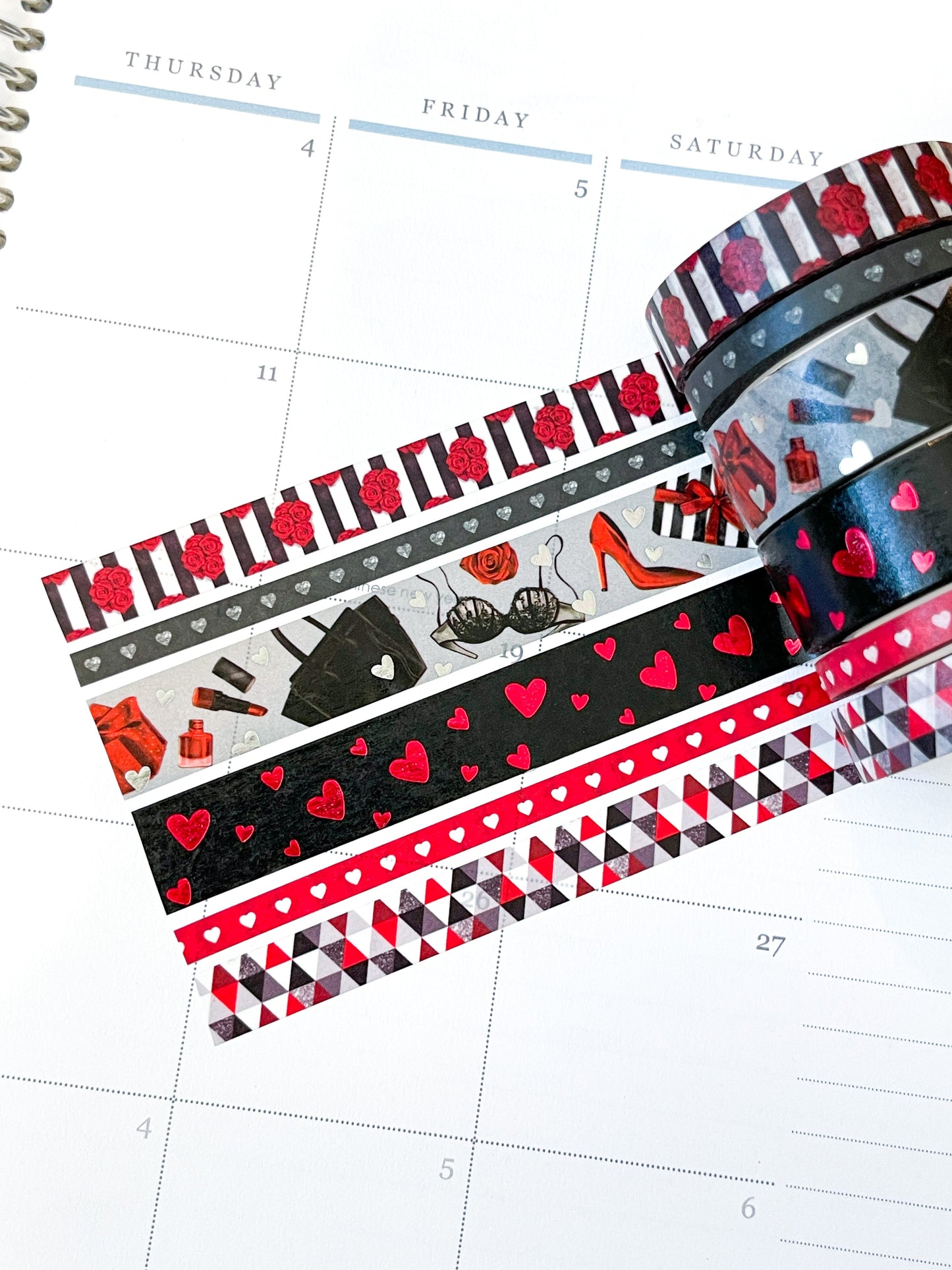FOILED Valentine's Romantic Red & Black Hearts Bachelorette Washi Tape Set (#W050)
