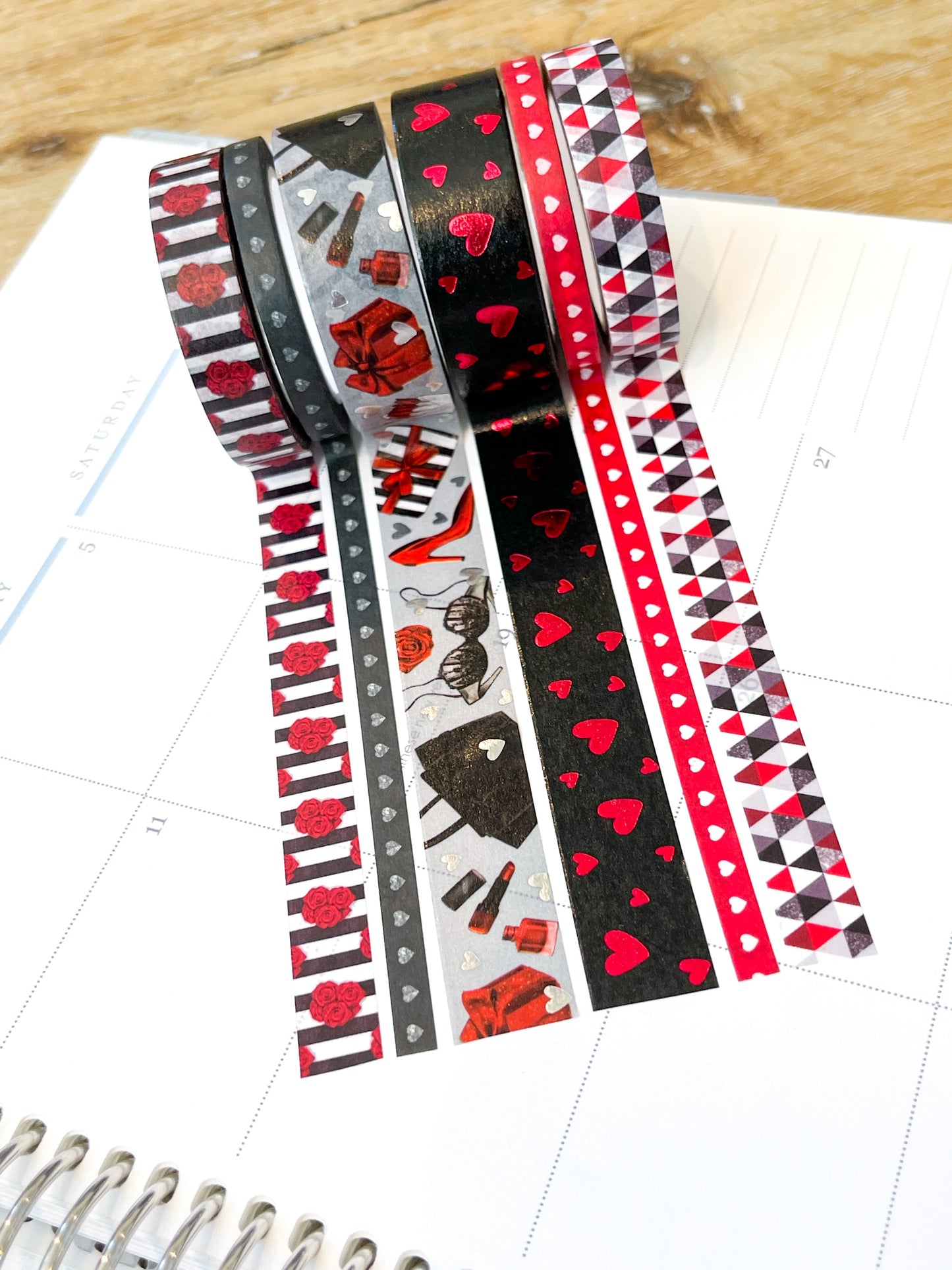 FOILED Valentine's Romantic Red & Black Hearts Bachelorette Washi Tape Set (#W050)