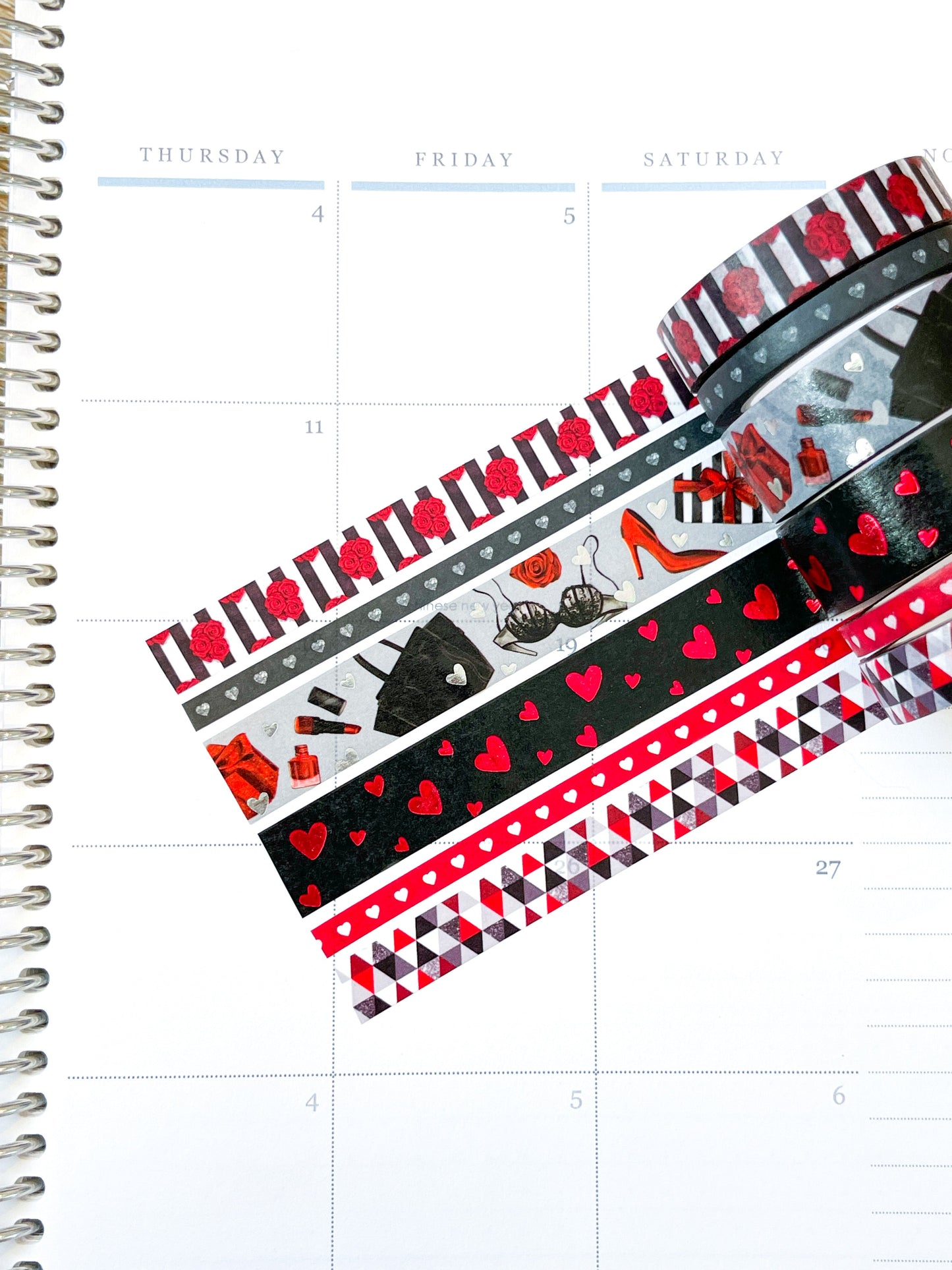 FOILED Valentine's Romantic Red & Black Hearts Bachelorette Washi Tape Set (#W050)