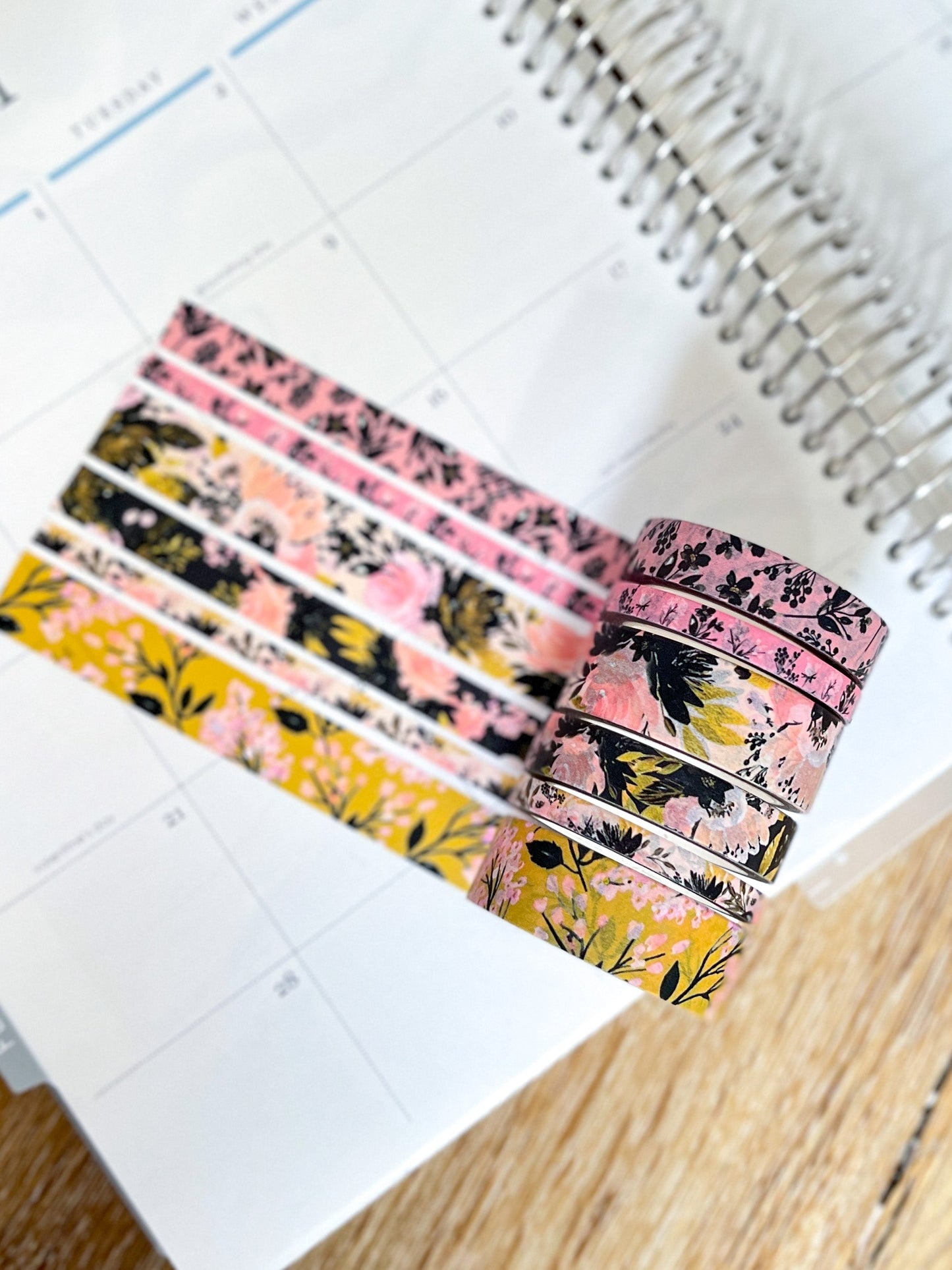 Black Pink & Gold Spring Floral Washi Tape Set (#W077)