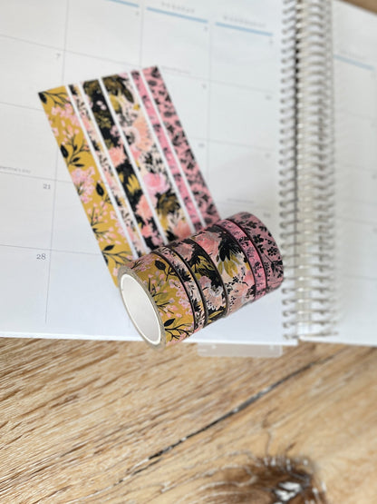Black Pink & Gold Spring Floral Washi Tape Set (#W077)