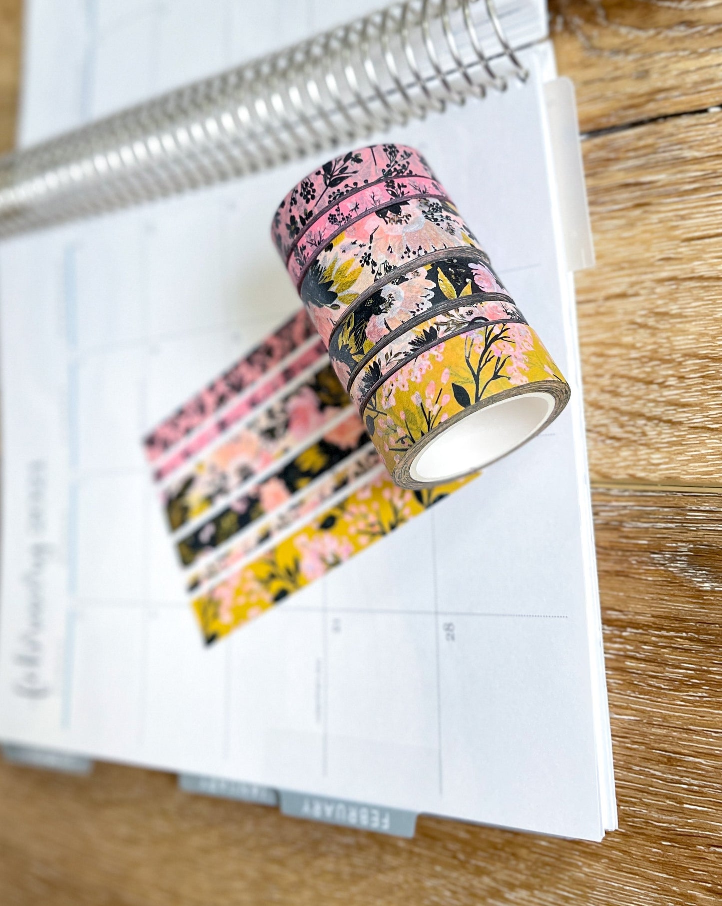 Black Pink & Gold Spring Floral Washi Tape Set (#W077)