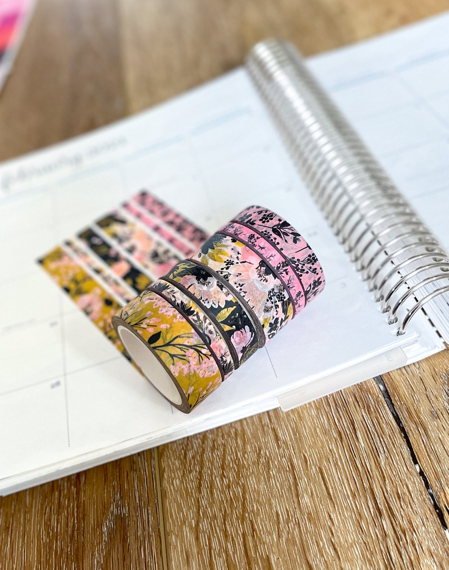 Black Pink & Gold Spring Floral Washi Tape Set (#W077)