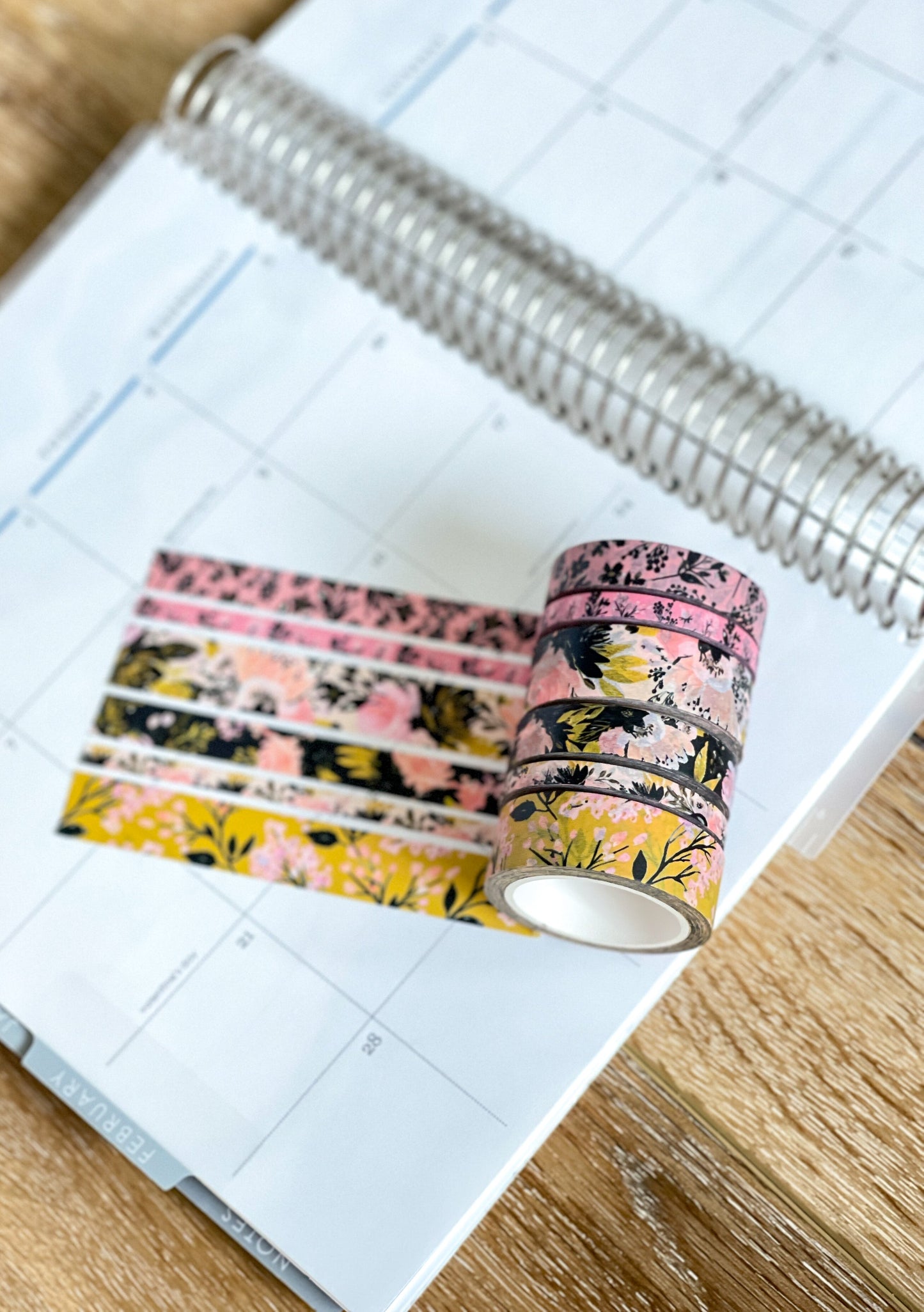 Black Pink & Gold Spring Floral Washi Tape Set (#W077)