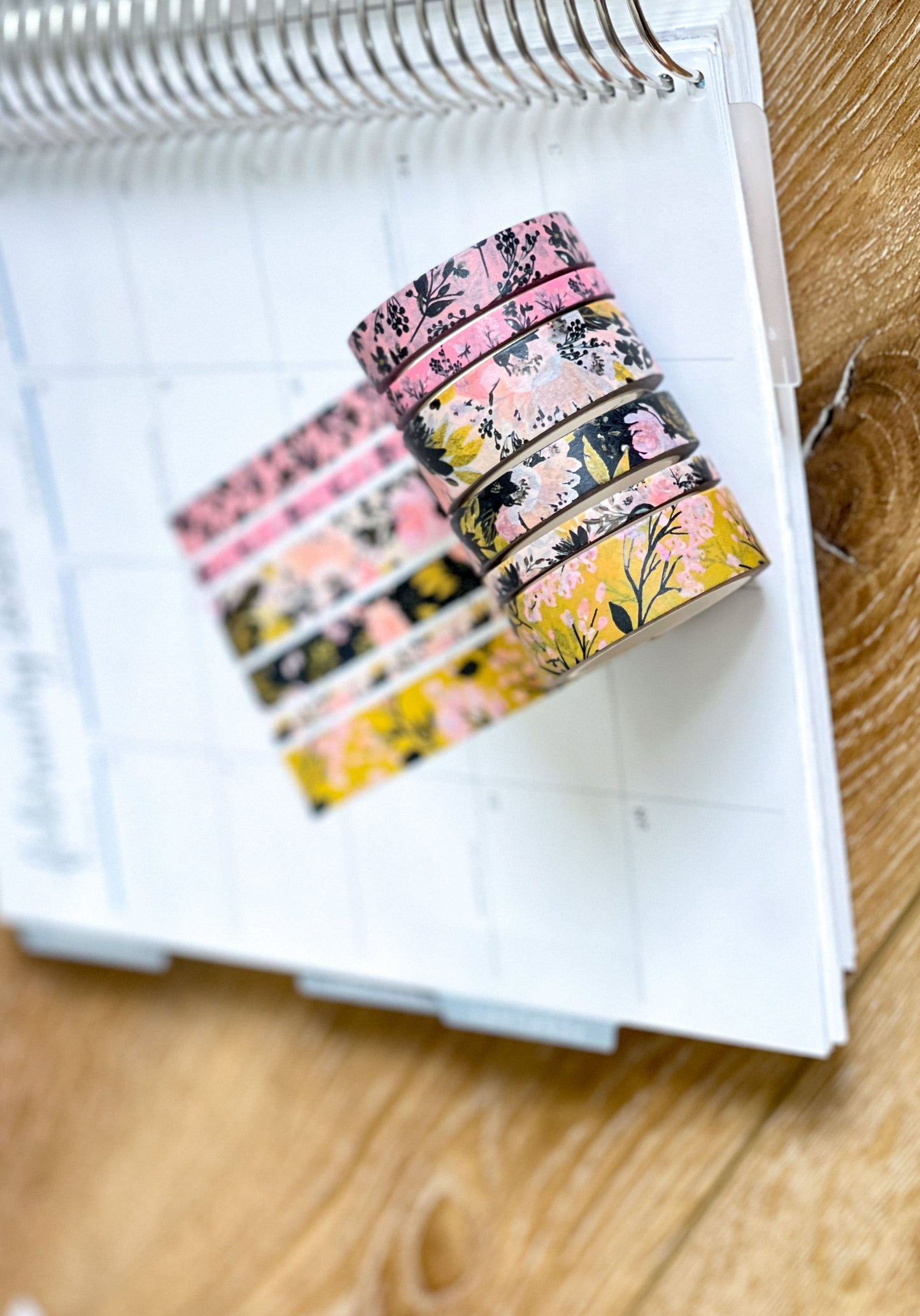 Black Pink & Gold Spring Floral Washi Tape Set (#W077)