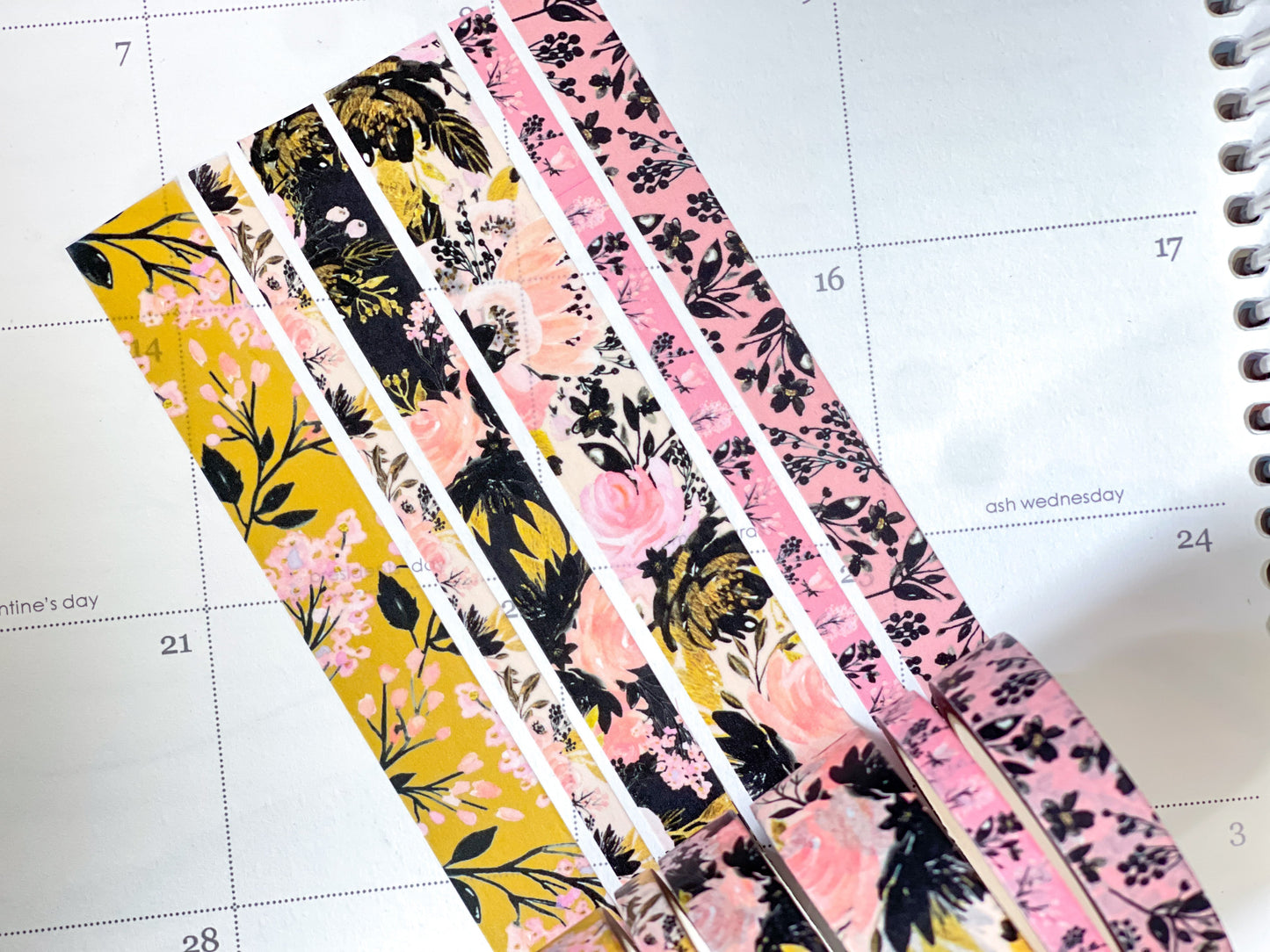 Black Pink & Gold Spring Floral Washi Tape Set (#W077)