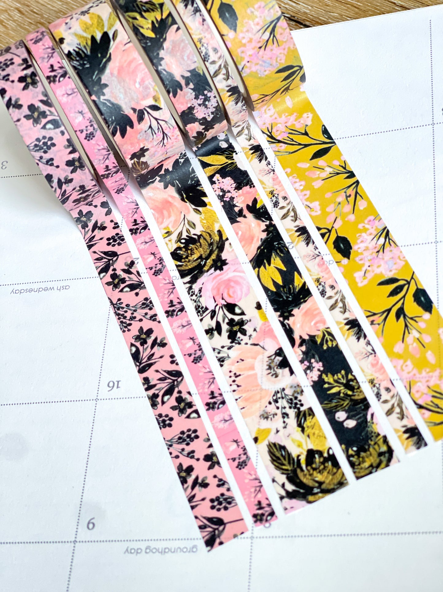 Black Pink & Gold Spring Floral Washi Tape Set (#W077)