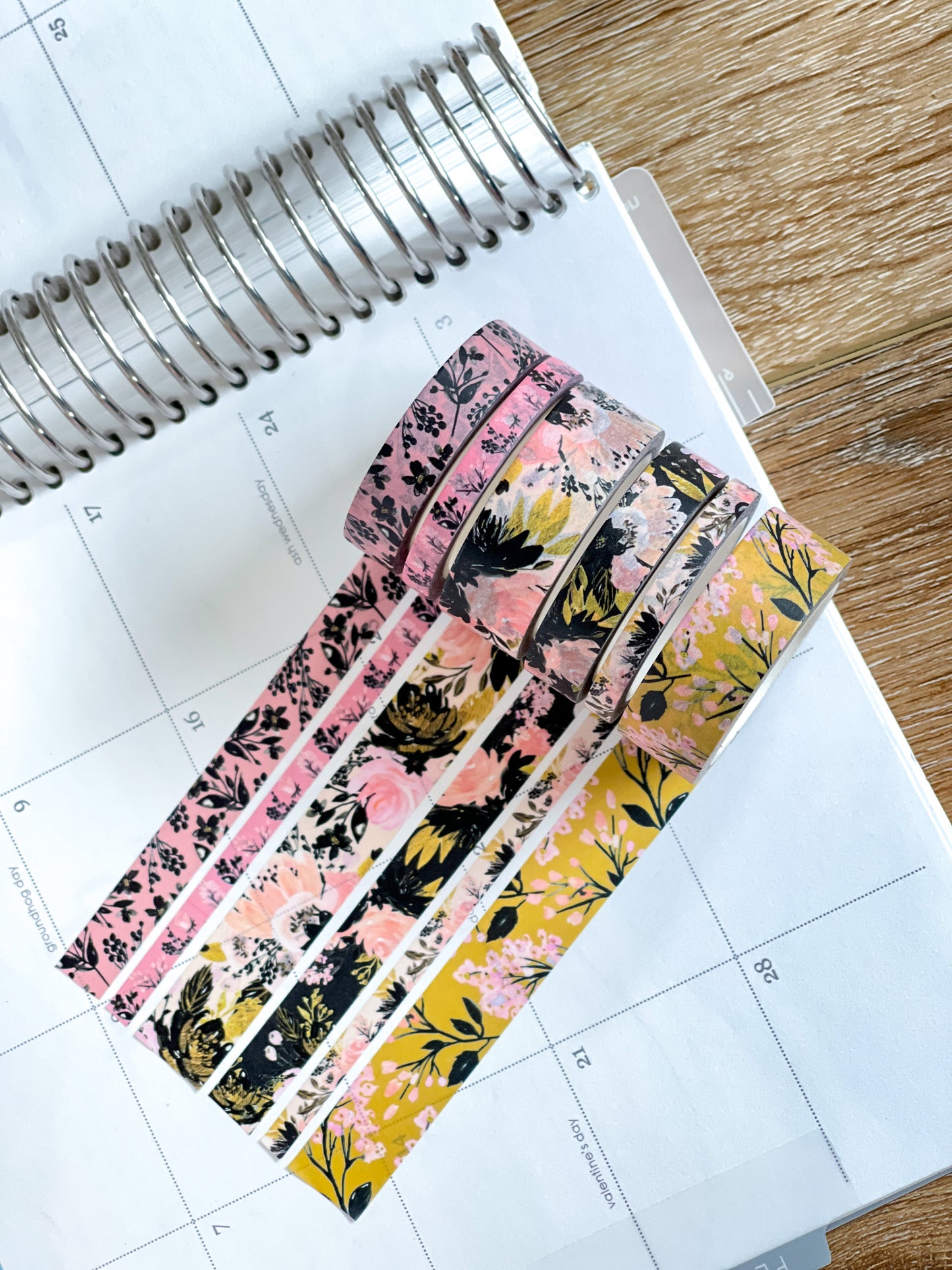 Black Pink & Gold Spring Floral Washi Tape Set (#W077)