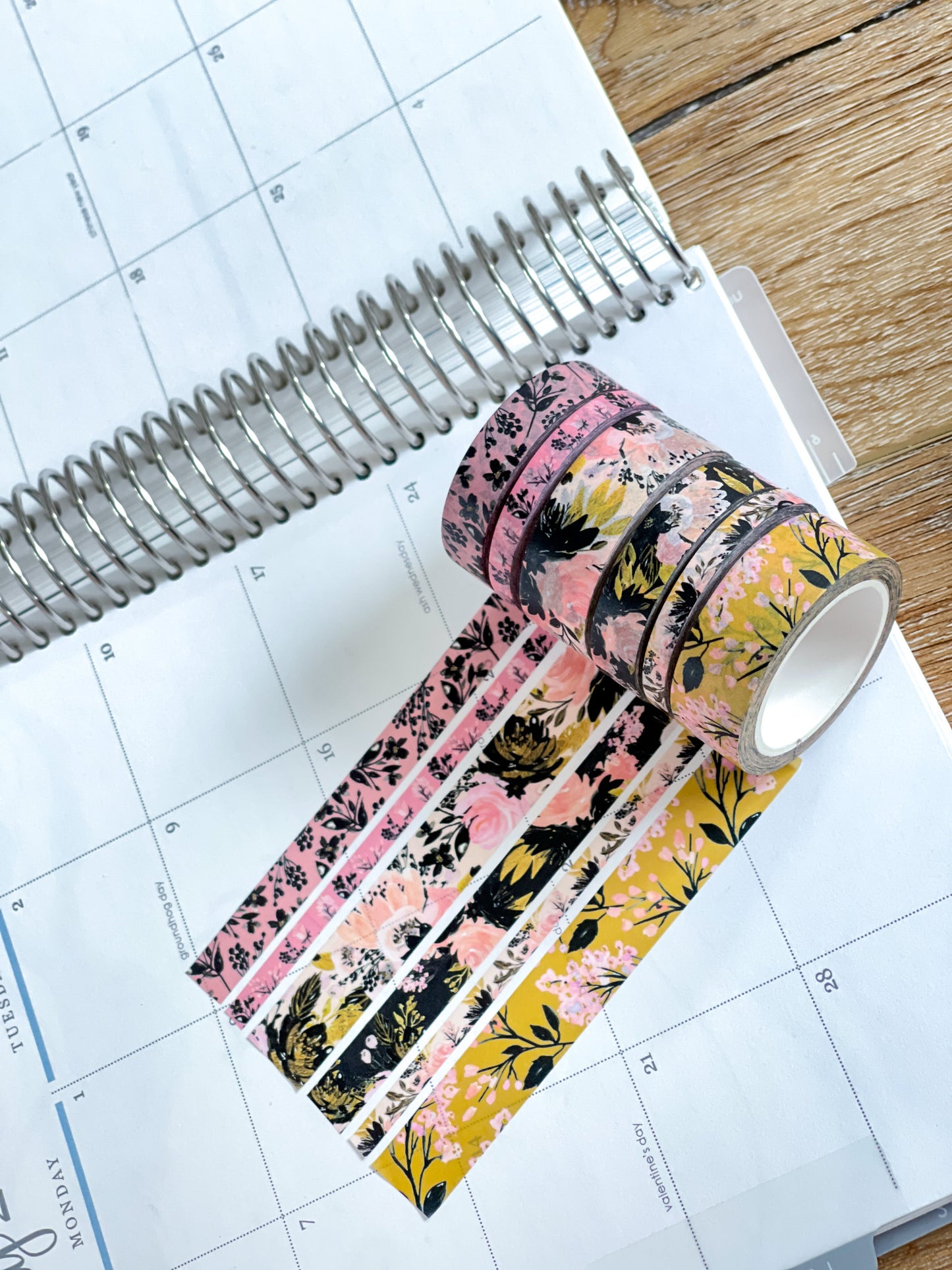 Black Pink & Gold Spring Floral Washi Tape Set (#W077)