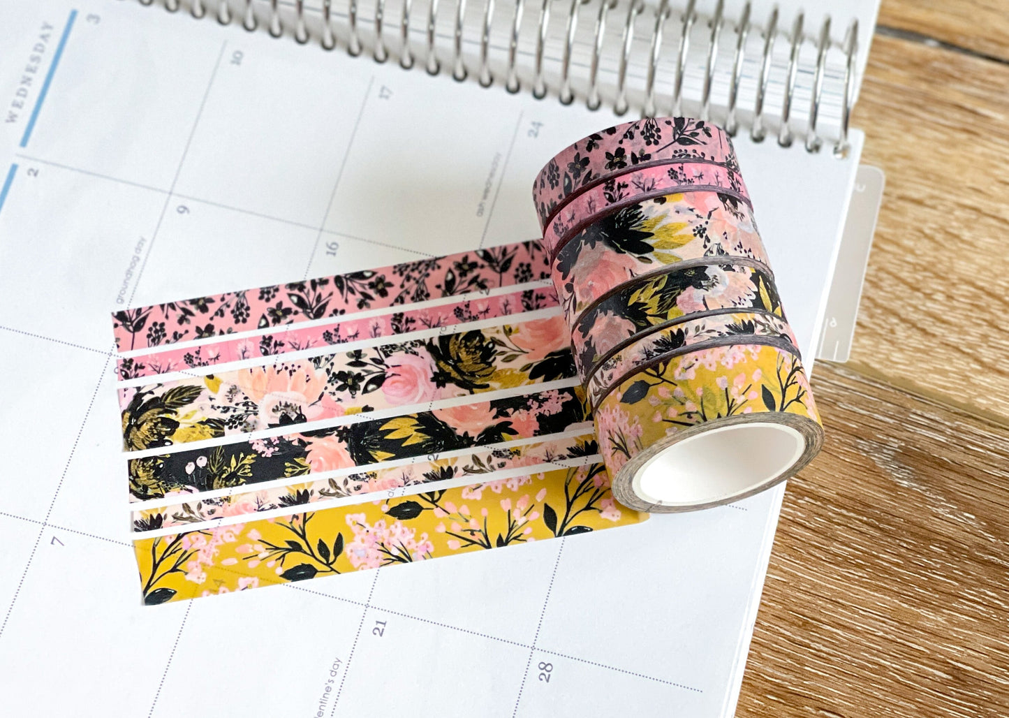 Black Pink & Gold Spring Floral Washi Tape Set (#W077)