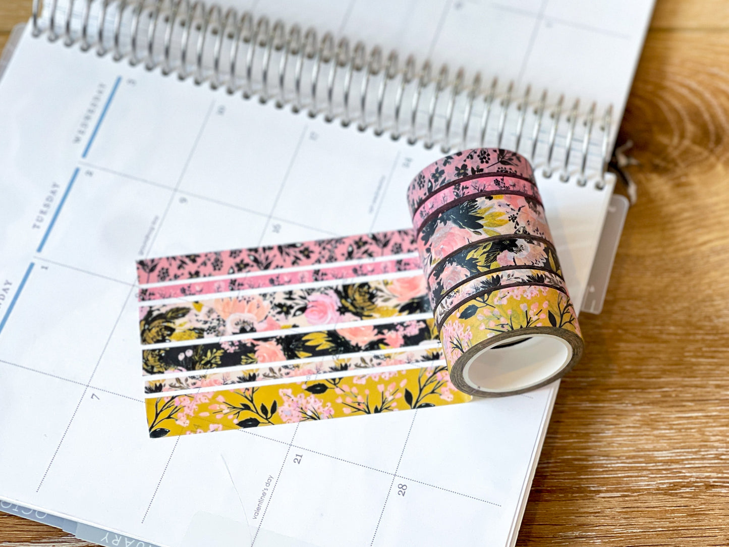 Black Pink & Gold Spring Floral Washi Tape Set (#W077)