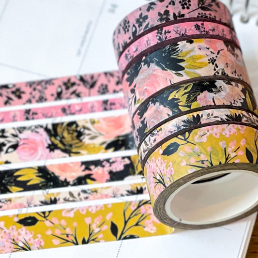 Black Pink & Gold Spring Floral Washi Tape Set (#W077)