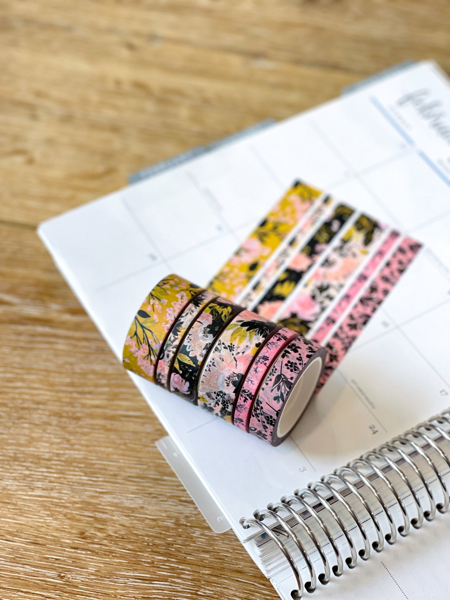 Black Pink & Gold Spring Floral Washi Tape Set (#W077)
