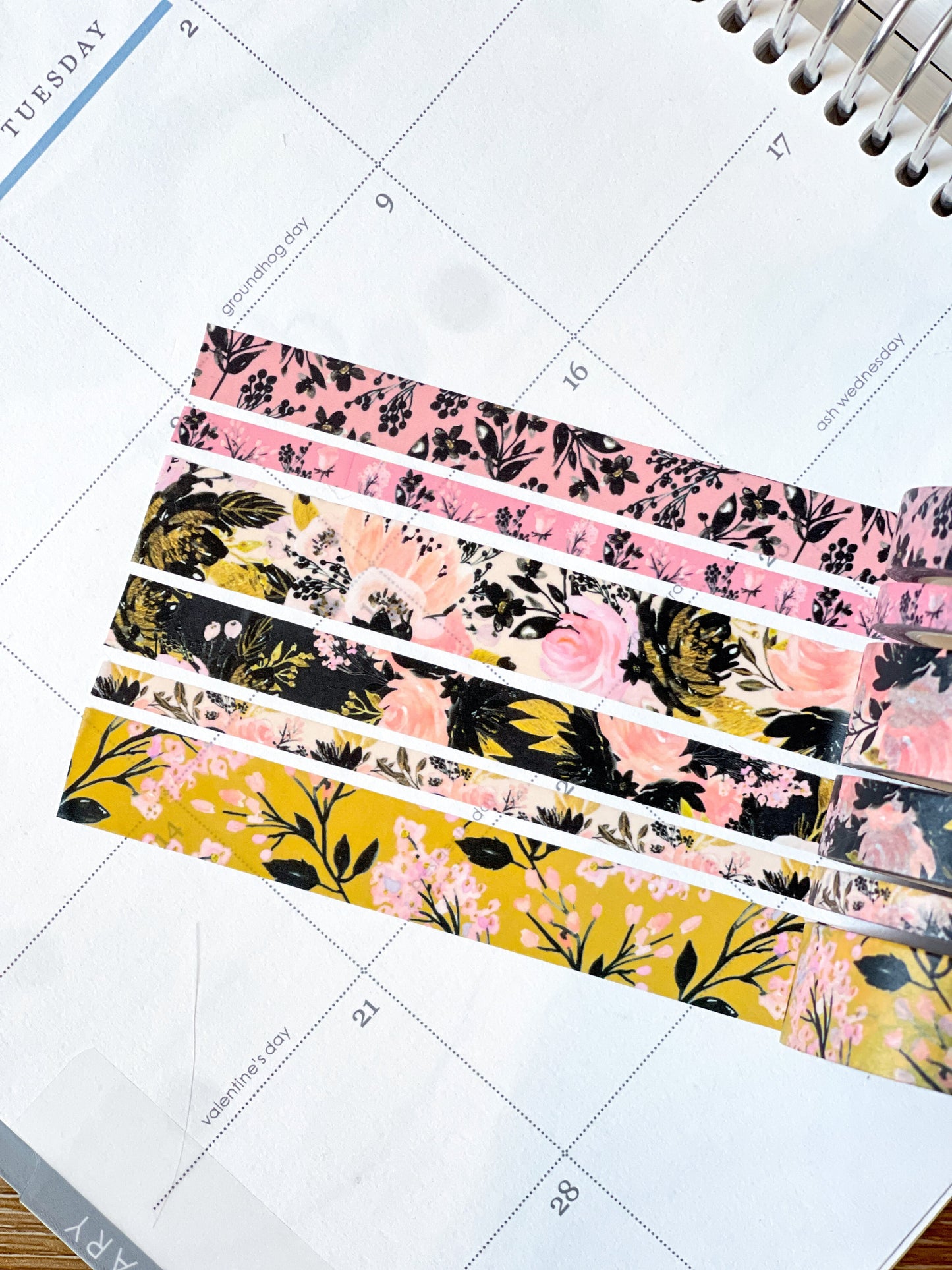 Black Pink & Gold Spring Floral Washi Tape Set (#W077)