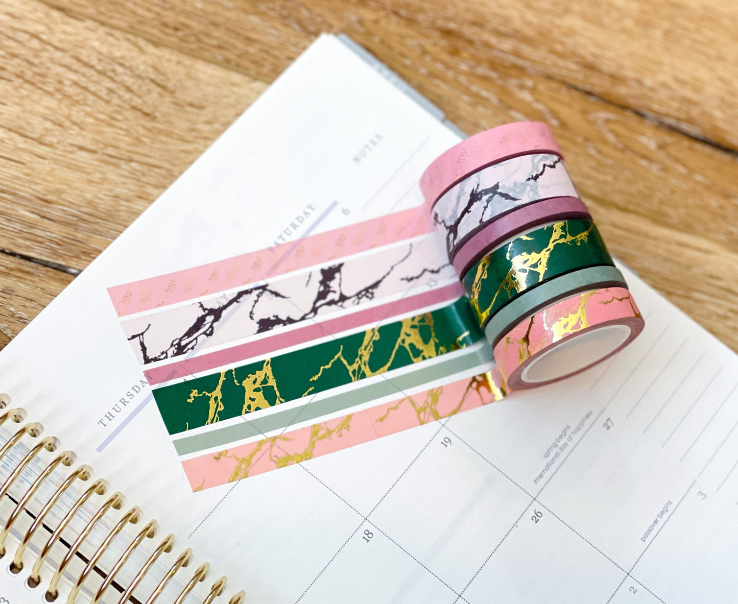 FOILED Marble Gold Green & Pink Modern Spring Minimalist Washi Tape Set (#W053)