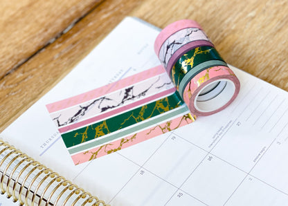 FOILED Marble Gold Green & Pink Modern Spring Minimalist Washi Tape Set (#W053)