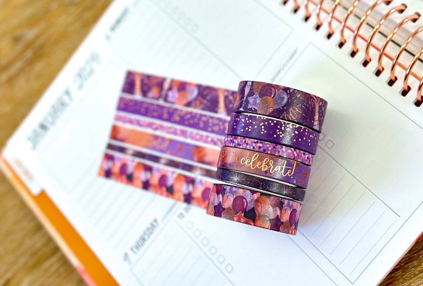FOILED Celebrate NYE Anniversary Rose Gold Celebration Party Washi Tape Set January 2025 - W124