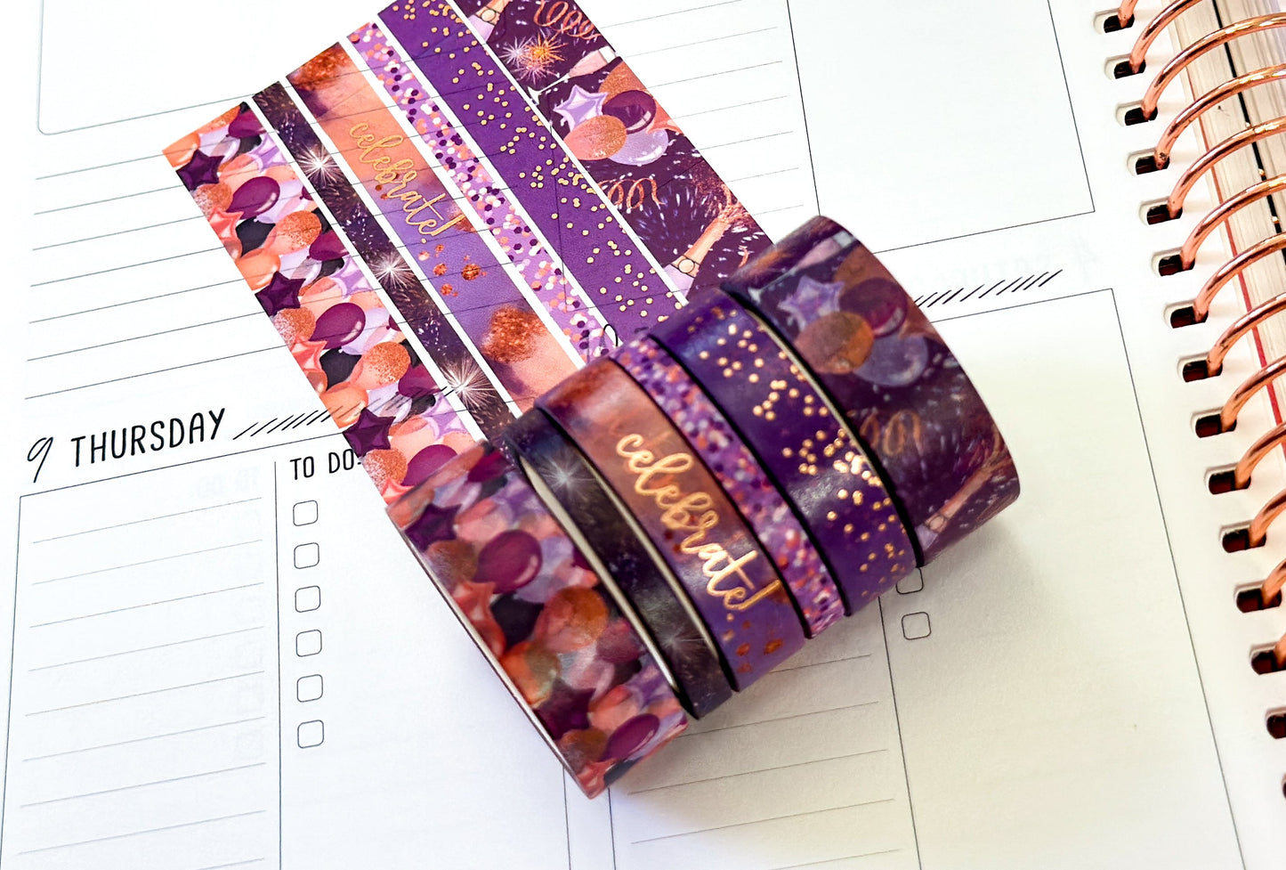 FOILED Celebrate NYE Anniversary Rose Gold Celebration Party Washi Tape Set January 2025 - W124