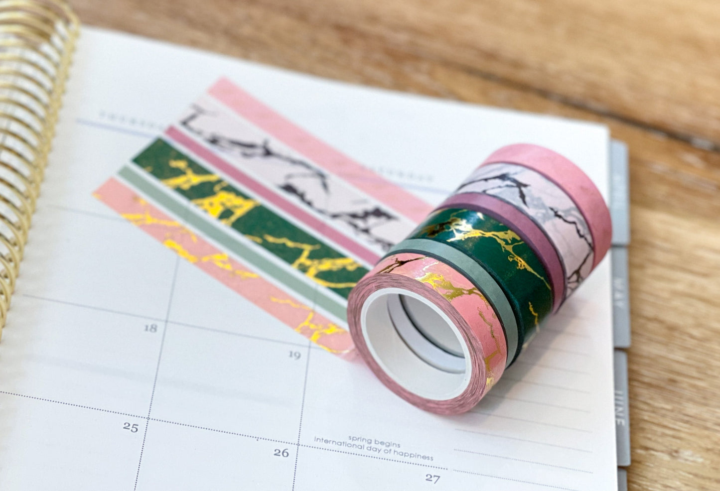FOILED Marble Gold Green & Pink Modern Spring Minimalist Washi Tape Set (#W053)