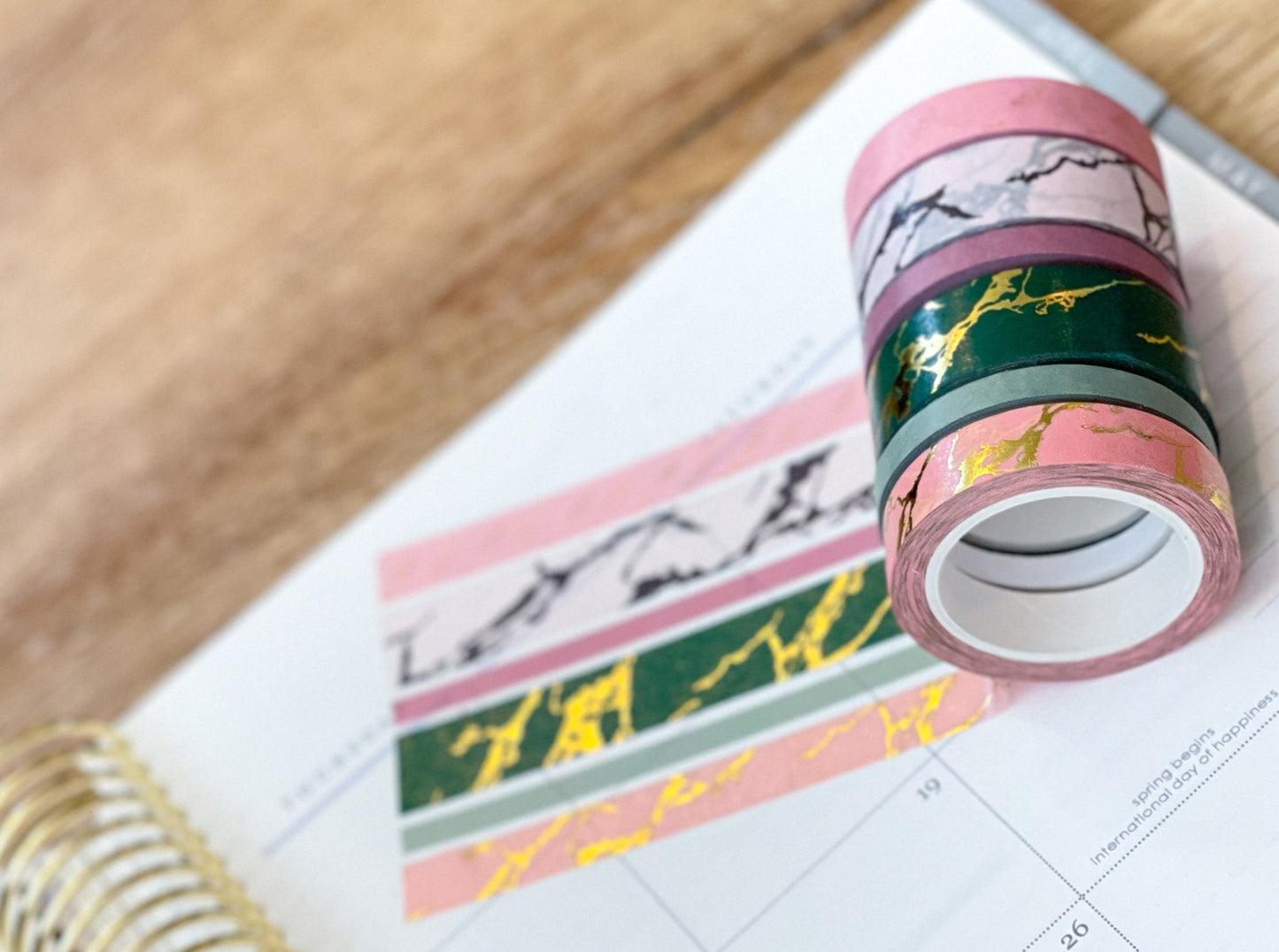 FOILED Marble Gold Green & Pink Modern Spring Minimalist Washi Tape Set (#W053)
