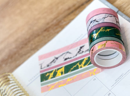 FOILED Marble Gold Green & Pink Modern Spring Minimalist Washi Tape Set (#W053)