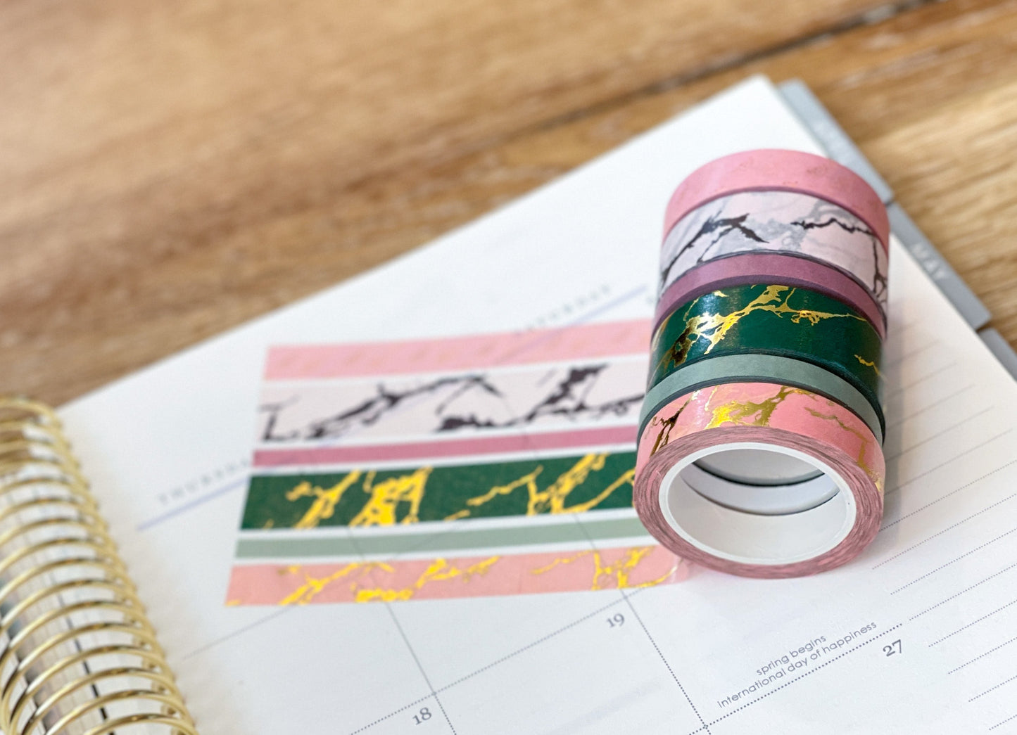 FOILED Marble Gold Green & Pink Modern Spring Minimalist Washi Tape Set (#W053)