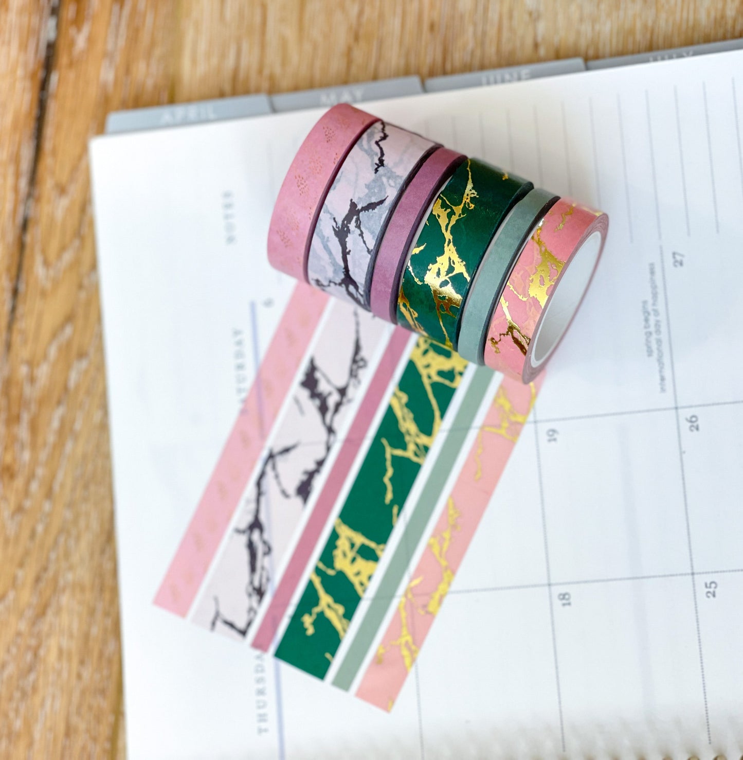 FOILED Marble Gold Green & Pink Modern Spring Minimalist Washi Tape Set (#W053)