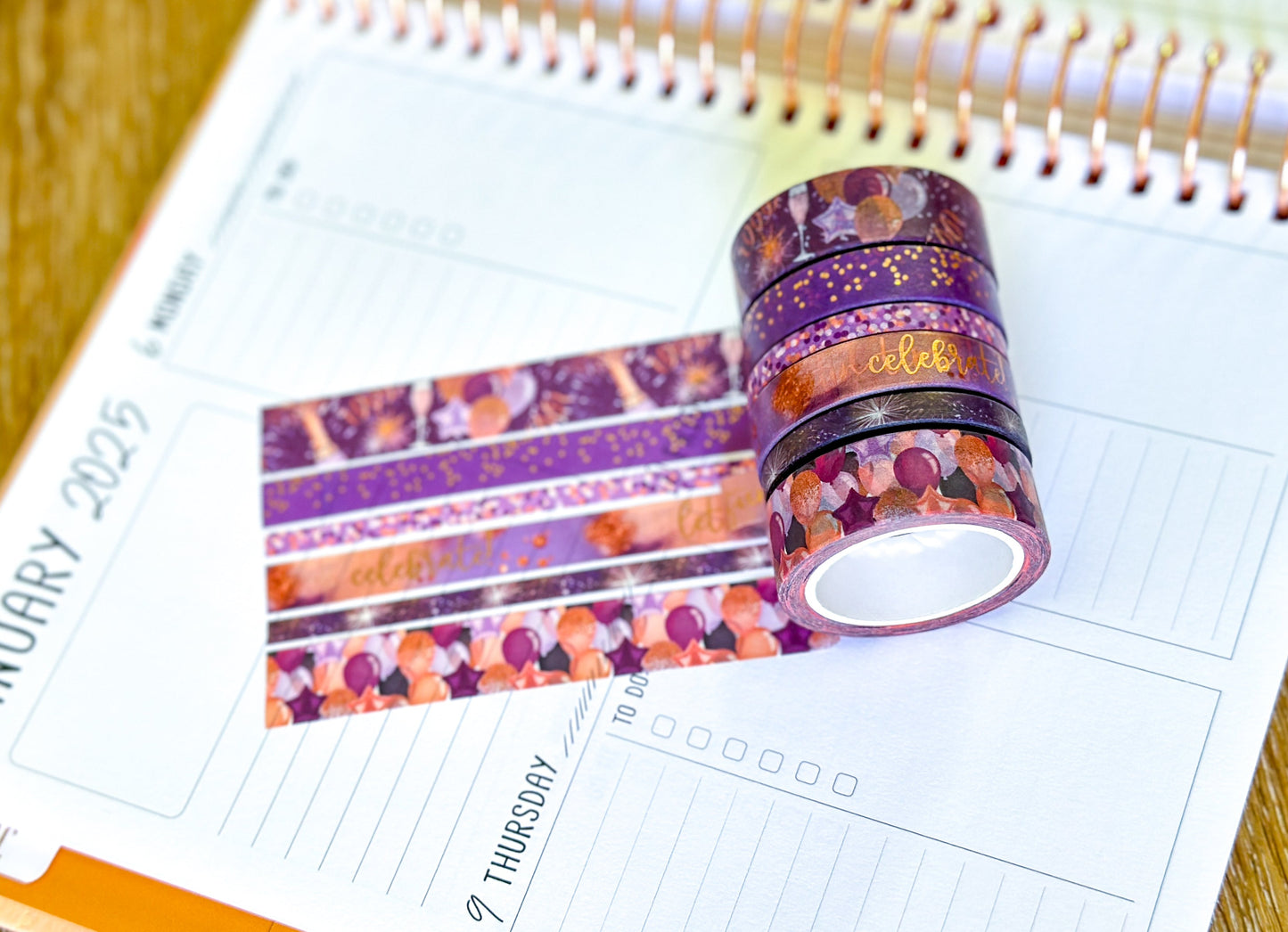 FOILED Celebrate NYE Anniversary Rose Gold Celebration Party Washi Tape Set January 2025 - W124