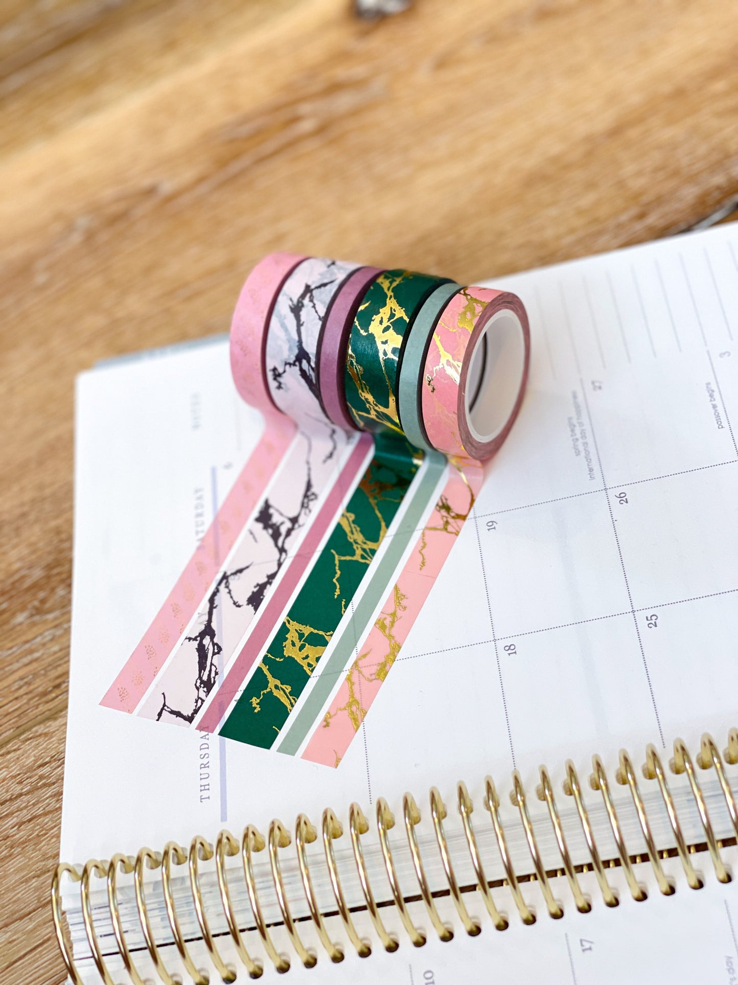 FOILED Marble Gold Green & Pink Modern Spring Minimalist Washi Tape Set (#W053)