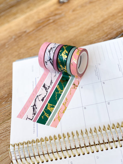 FOILED Marble Gold Green & Pink Modern Spring Minimalist Washi Tape Set (#W053)