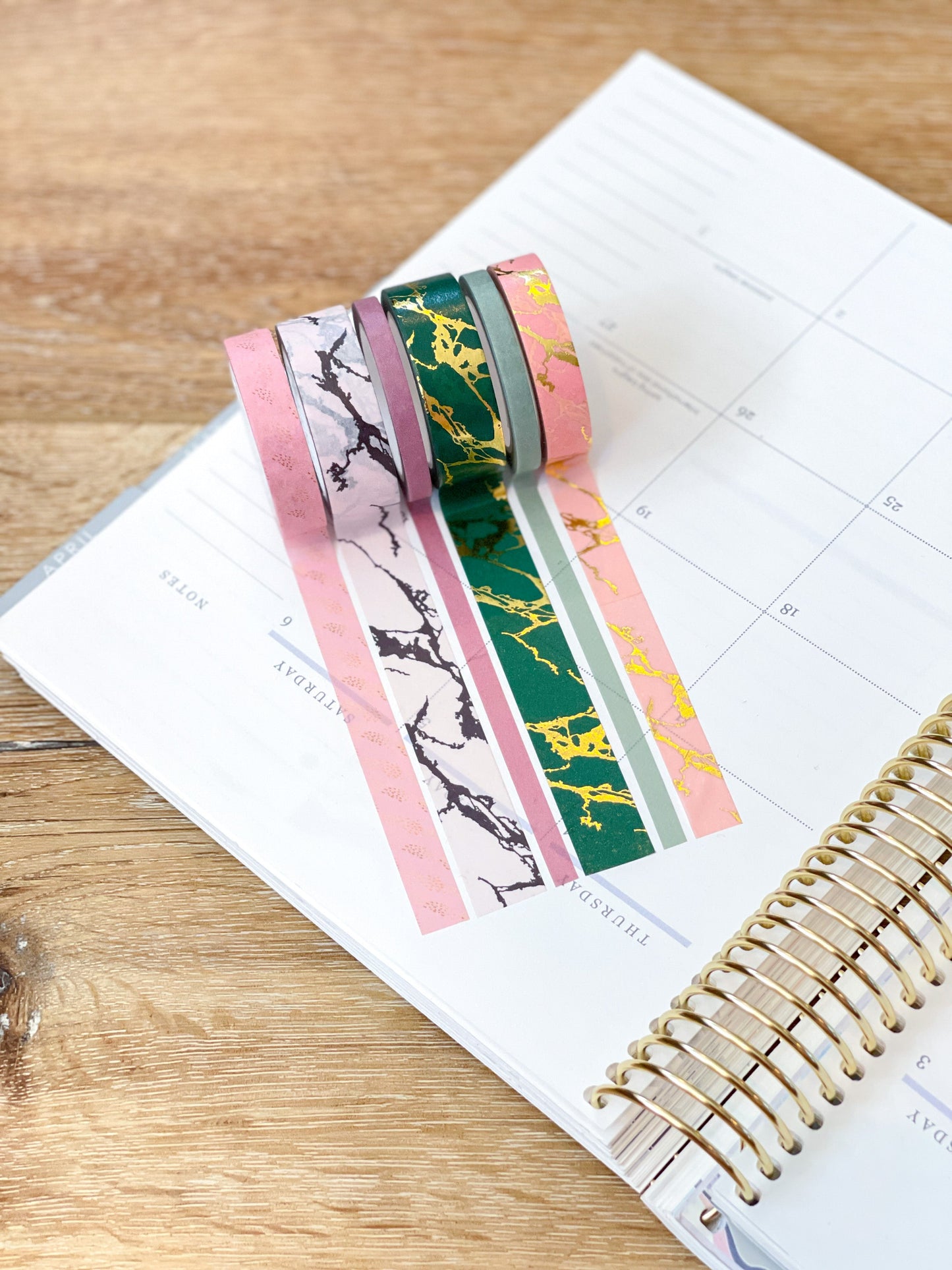 FOILED Marble Gold Green & Pink Modern Spring Minimalist Washi Tape Set (#W053)