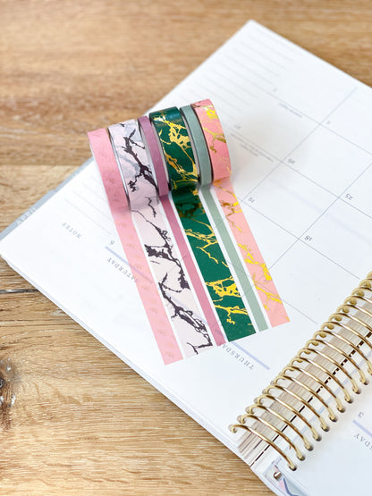 FOILED Marble Gold Green & Pink Modern Spring Minimalist Washi Tape Set (#W053)