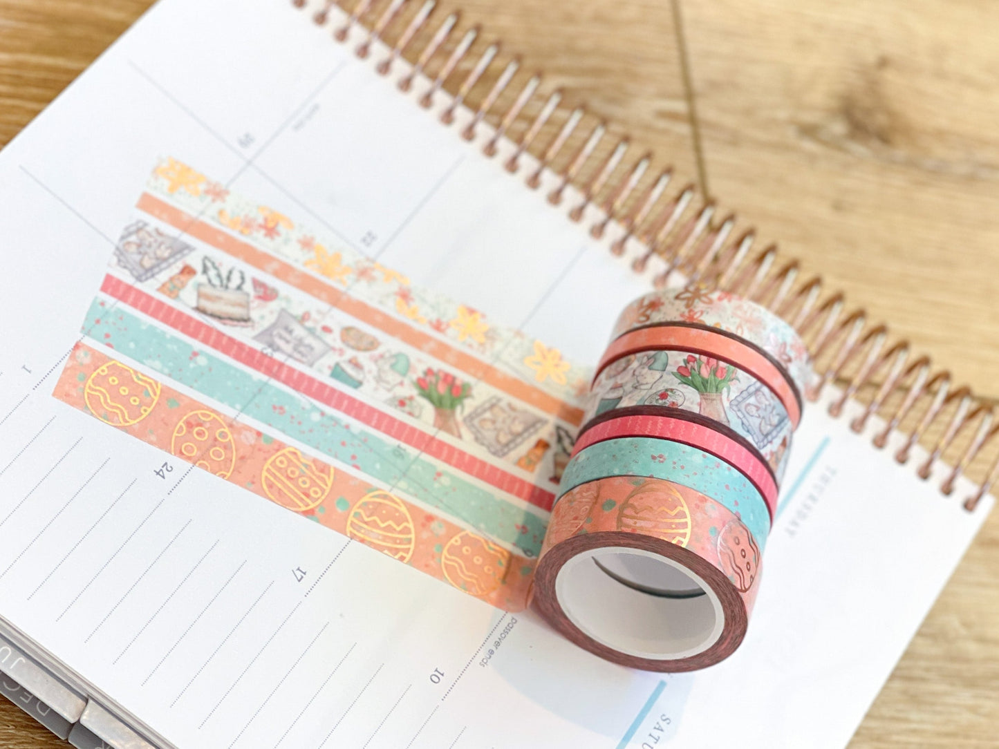 FOILED Easter Rose Gold Bunnies & Flowers Peach & Blue Washi Tape Set (#W055)