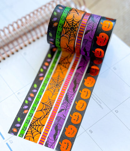FOILED Halloween Pumpkins Spider Webs & Bats Orange & Black Washi Tape Set (#W069)